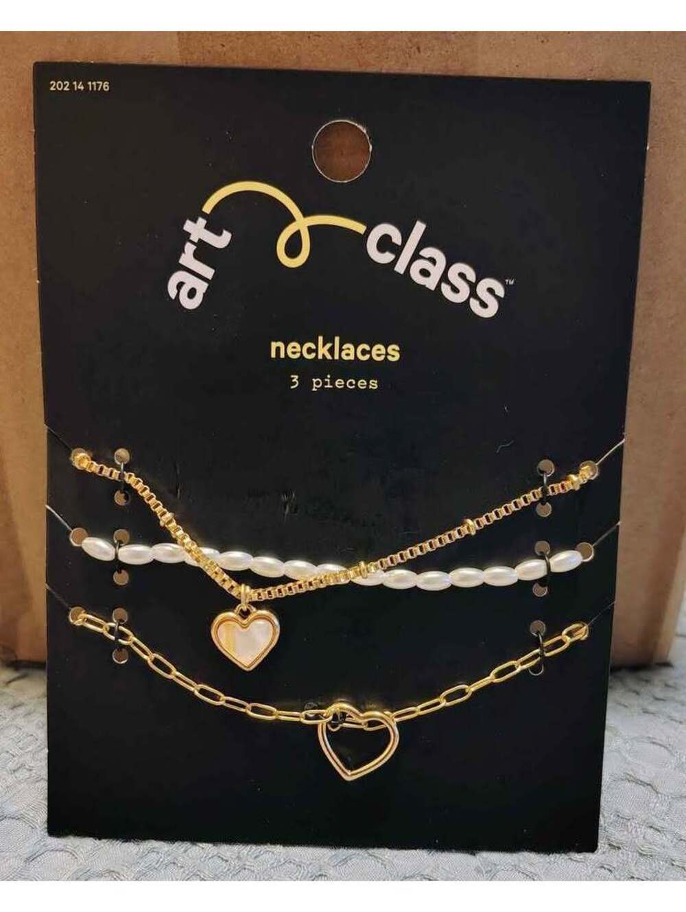 Art Class 3-Piece Gold Tone Heart Charm Necklace Set with Faux Pearls Chains New